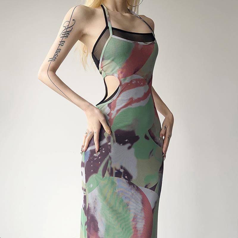 Halter self tie contrast print sheer mesh backless hollow out maxi dress 2