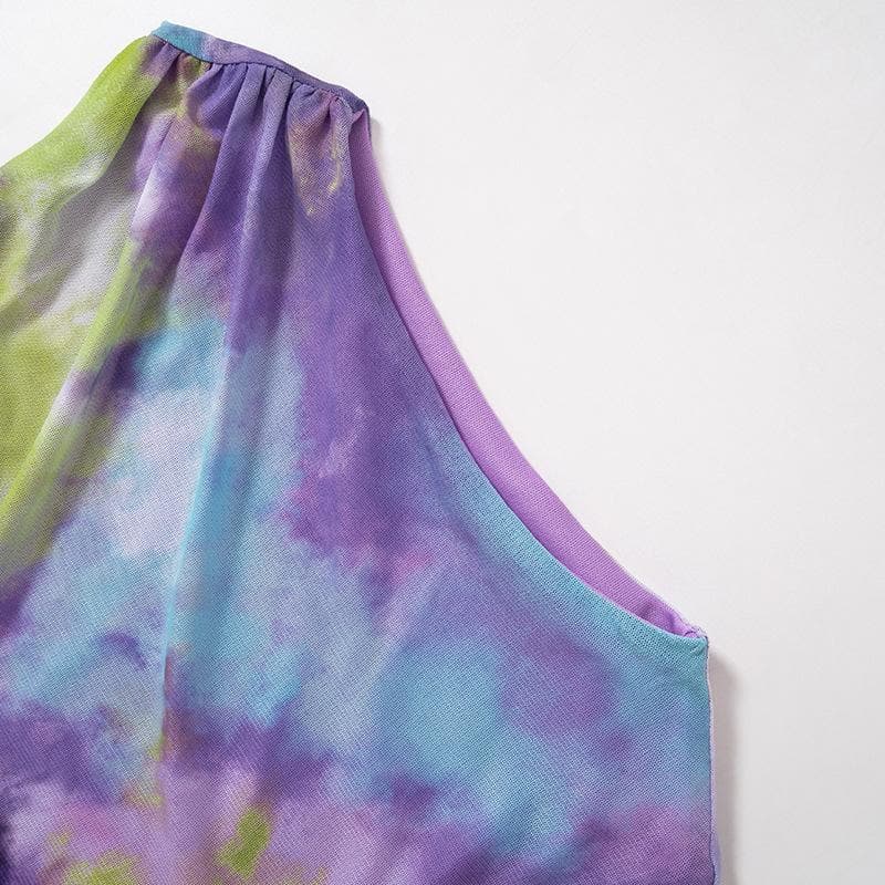 Tie Dye Sleeveless Crew Neck Ruched Mesh Bodycon Mini Dress 11