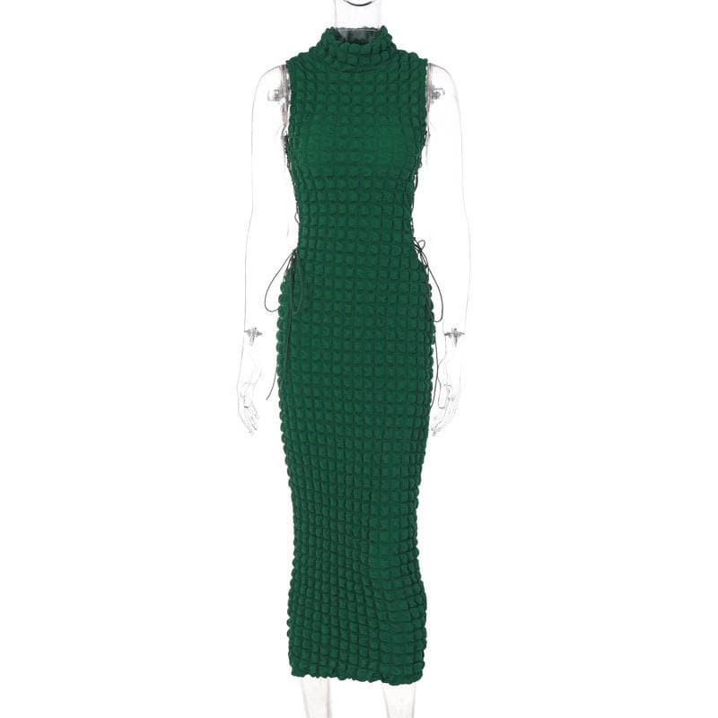Bubble Textured Mock Neck Sleeveless Lace Up Side Bodycon Midi Dress 2
