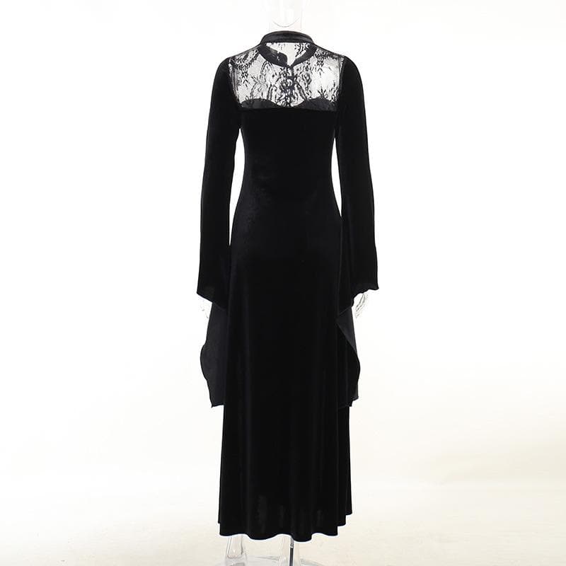 Velvet lace patchwork button solid high neck long flared sleeve slit midi dress 3