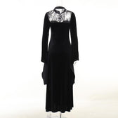 Velvet lace patchwork button solid high neck long flared sleeve slit midi dress 3