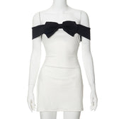Bowknot applique contrast off shoulder backless mini dress 8