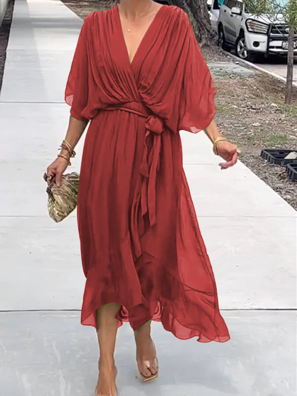 Chiffon Deep V-Neck Batwing Wrap Midi Dress 10