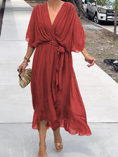 Chiffon Deep V-Neck Batwing Wrap Midi Dress 10