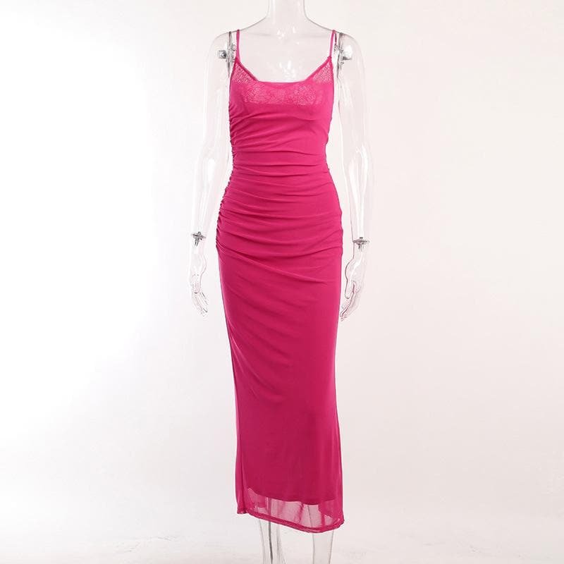 Mesh ruched slit square neck solid backless cami midi dress 3