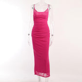 Mesh ruched slit square neck solid backless cami midi dress 3