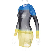 Contrast sheer mesh see through long sleeve crewneck mini dress 4