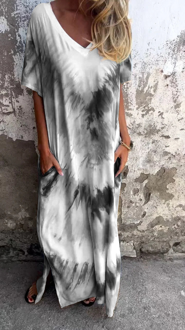 Tie Dye V-Neck Short Sleeve Pocket Maxi Dress 8