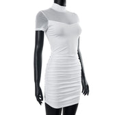 High neck short sleeve mesh patchwork ruched solid mini dress 5