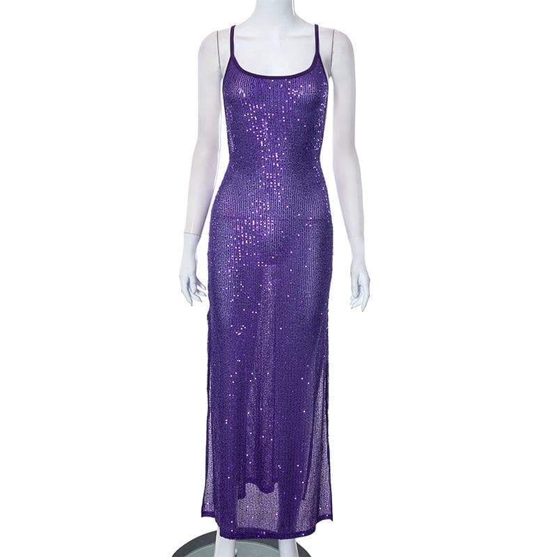 Glitter u neck see through backless cami maxi dress 3