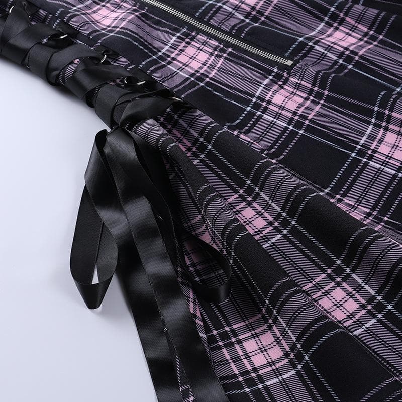 Plaid zip-up contrast sleeveless lace up backless mini dress 9