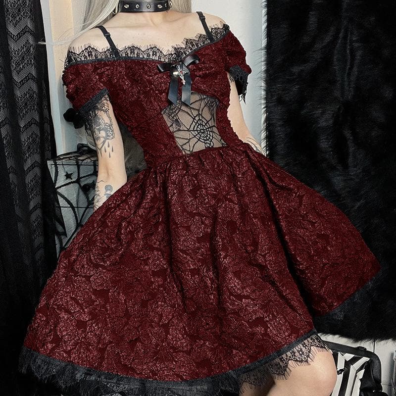 Floral Lace Off Shoulder Short Sleeve Bow Front Fit and Flare Mini Dress 9