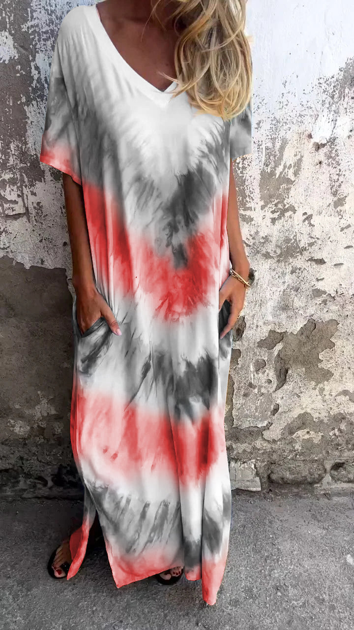 Tie Dye V-Neck Short Sleeve Pocket Maxi Dress 6