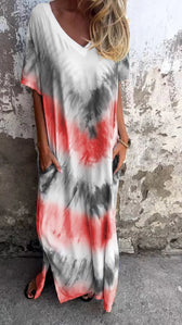 Tie Dye V-Neck Short Sleeve Pocket Maxi Dress 6