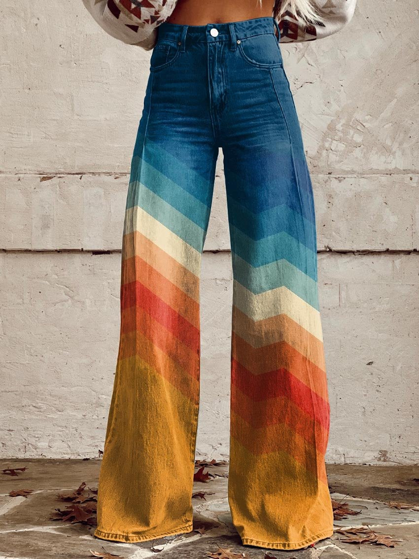 High Waist Chevron Print Wide Leg Jeans