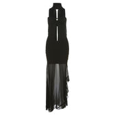 Mesh ruffle hollow out ruched backless ribbon solid tube midi dress 2