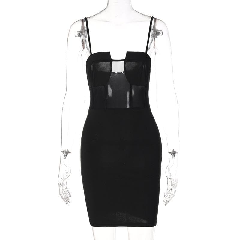 Sheer Mesh Corset Bodice Notch Neck Spaghetti Strap Bodycon Mini Dress 2