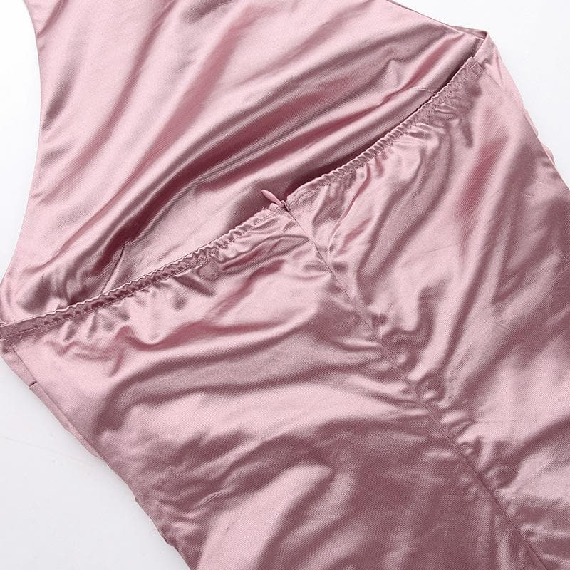 Ruched solid satin zip-up halter backless slit maxi dress 7