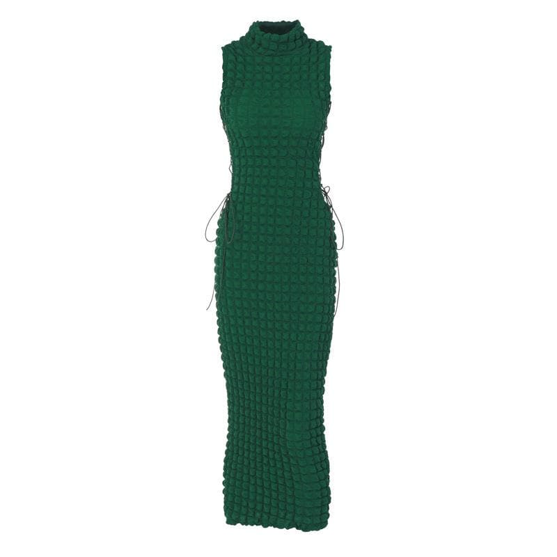 Bubble Textured Mock Neck Sleeveless Lace Up Side Bodycon Midi Dress