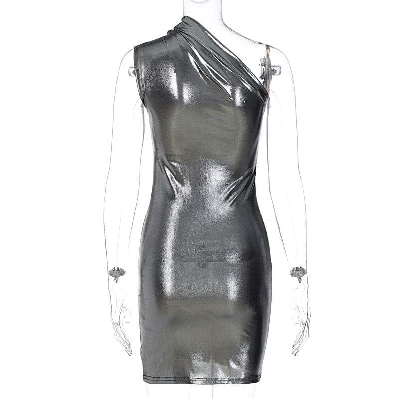 Metallic one shoulder ruched sleeveless irregular mini dress 5