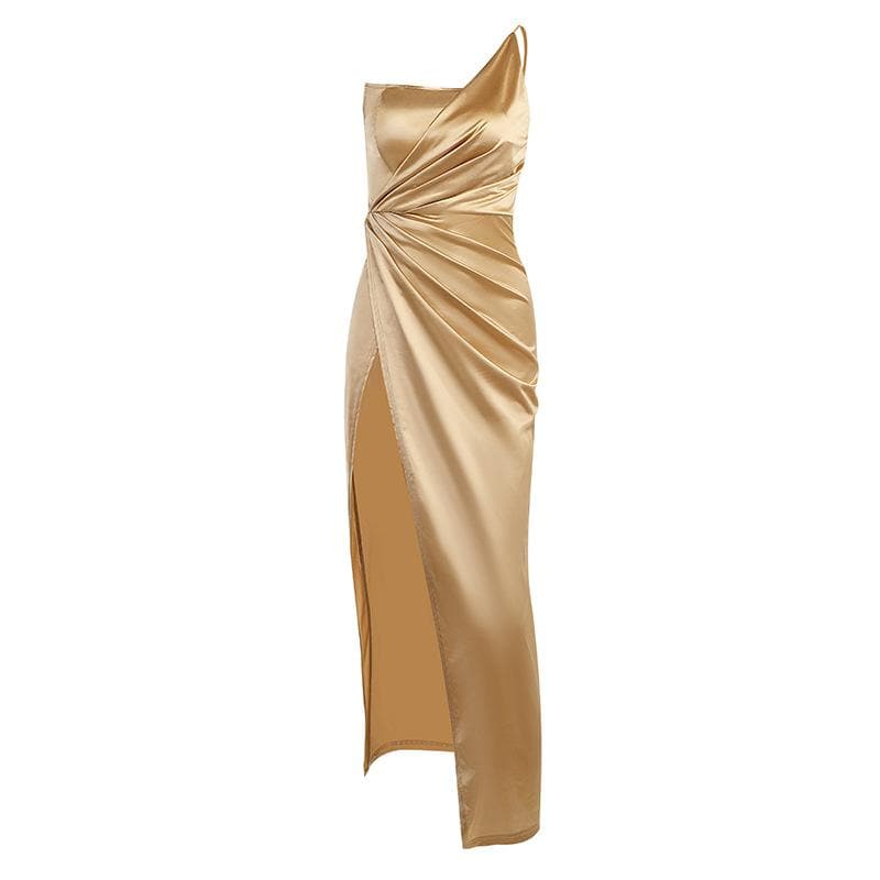 Satin One Shoulder Ruched Twist Front High Split Maxi Dress