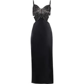 Beaded butterfly pattern zip-up hollow out satin slit midi dress - View 2