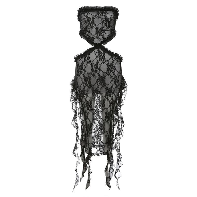 Lace ruffle solid slit hollow out backless tube midi dress 9