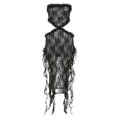 Lace ruffle solid slit hollow out backless tube midi dress 9