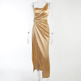 Sleeveless solid satin slit one shoulder ruched backless midi dress 2
