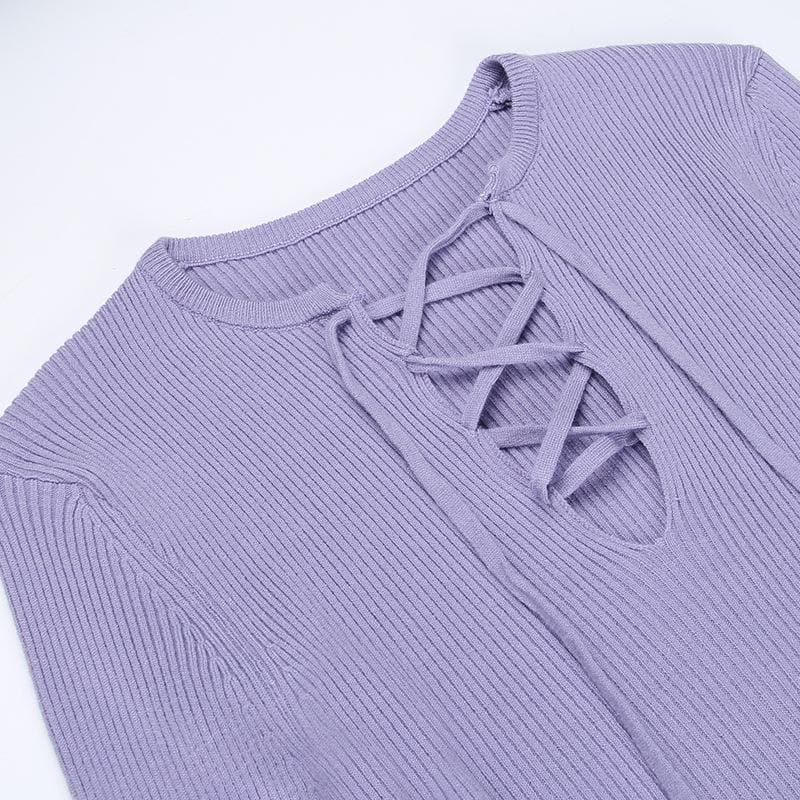 Lace up solid ribbed long sleeve notch neck mini dress 6