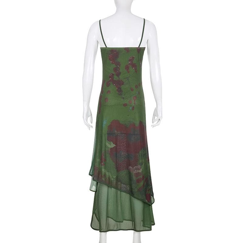 Floral Print Mesh Scoop Neck Cami Asymmetric Hem Maxi Dress 4