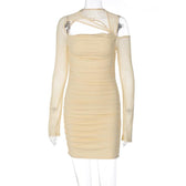 Ruched irregular mesh hollow out long sleeve mini dress 2