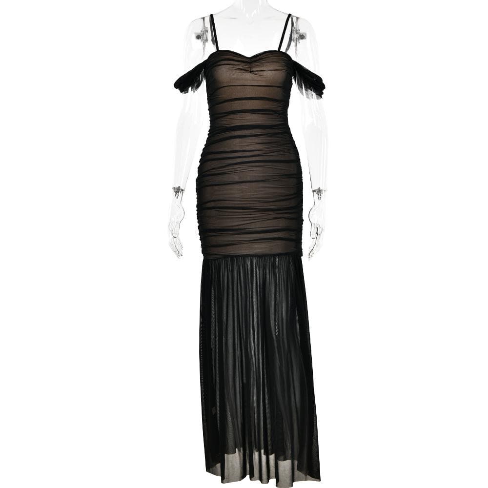 Mesh off shoulder ruched patchwork backless maxi dress 3