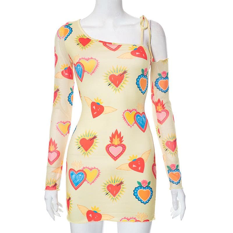 Heart print contrast irregular long sleeve mesh mini dress 2