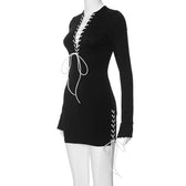 Lace up contrast long sleeve irregular crewneck mini dress 7