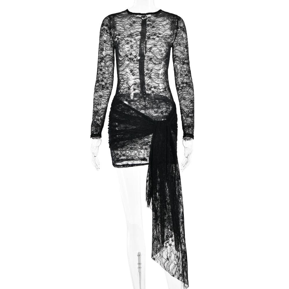 Lace see through long sleeve zip-up self tie ruched mini dress 3