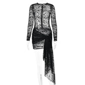 Lace see through long sleeve zip-up self tie ruched mini dress 3