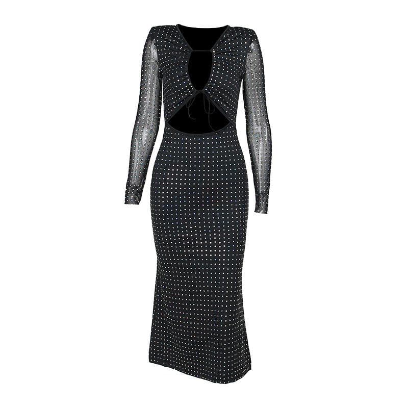 Polka dot contrast hollow out long sleeve mesh midi dress 2