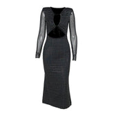 Polka dot contrast hollow out long sleeve mesh midi dress 2