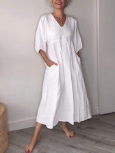 Linen V-Neck Puff Sleeve Pocket Midi Dress