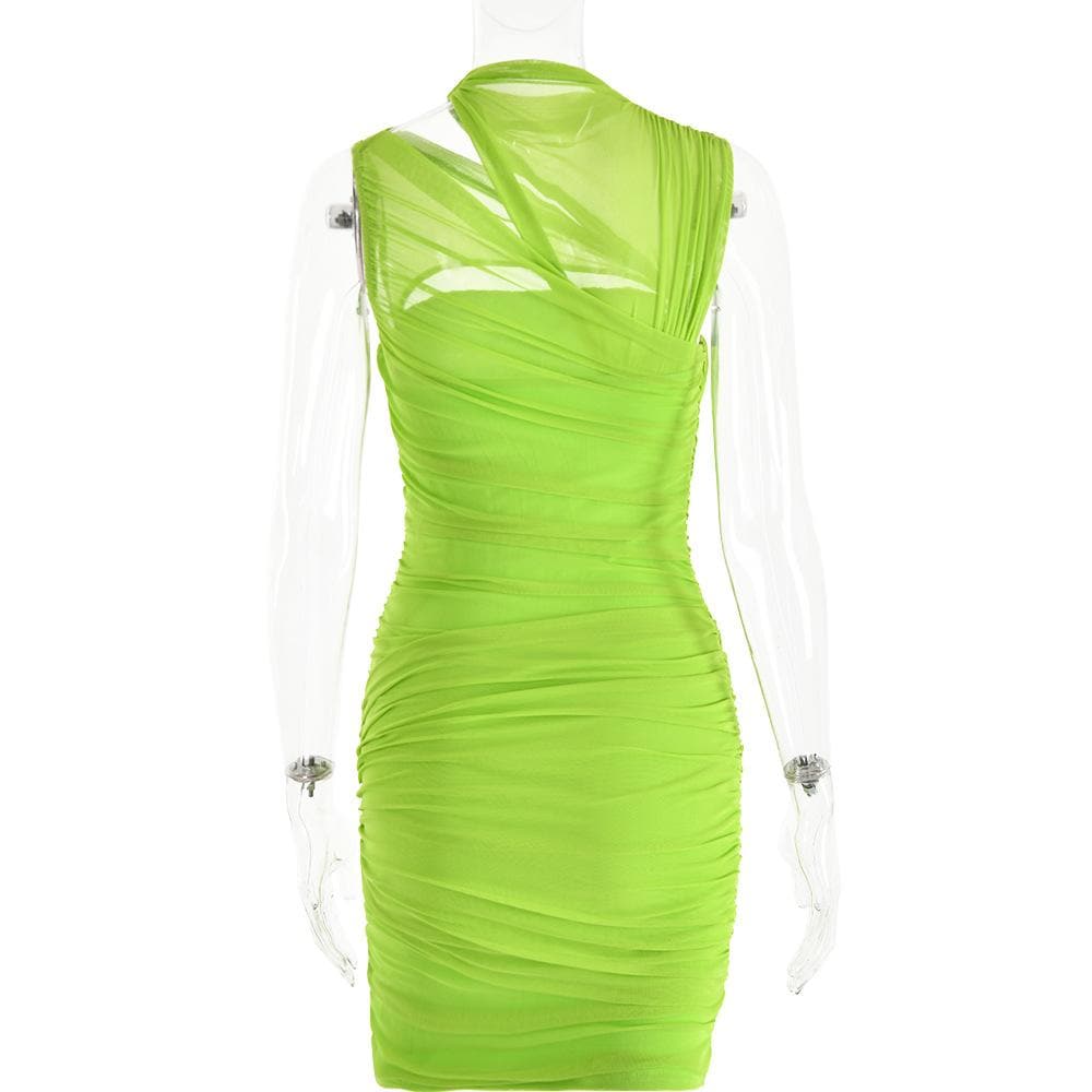 Sleeveless irregular hollow out mesh knotted ruched mini dress 4