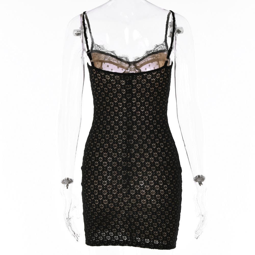 Mesh contrast lace hem zip-up backless cami mini dress 4