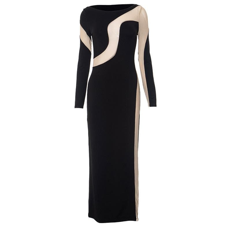Boat Neck Long Sleeve Contrast Mesh Panel Column Maxi Dress