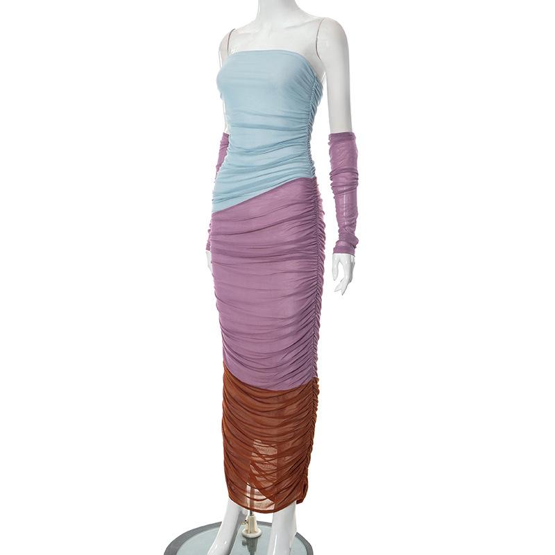Mesh ruched contrast patchwork off shoulder maxi tube dress 3