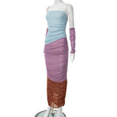 Mesh ruched contrast patchwork off shoulder maxi tube dress 3