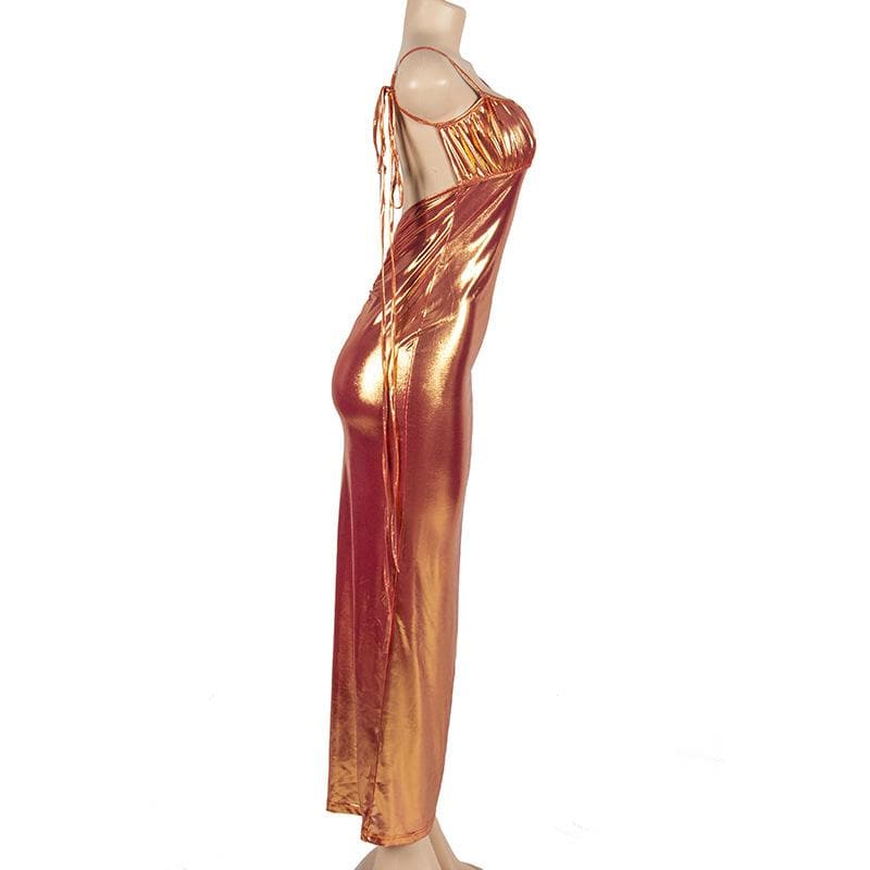 Metallic ruched backless self tie square neck maxi dress 4