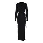 Long sleeve solid hollow out slit self tie lace up midi dress 8