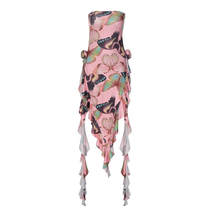 Butterfly print ruffle ribbon flower applique contrast backless maxi dress 3