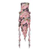 Butterfly print ruffle ribbon flower applique contrast backless maxi dress 3