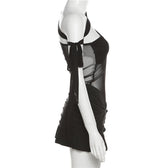 Ruffle contrast buckle one shoulder irregular ruched mesh mini dress 3